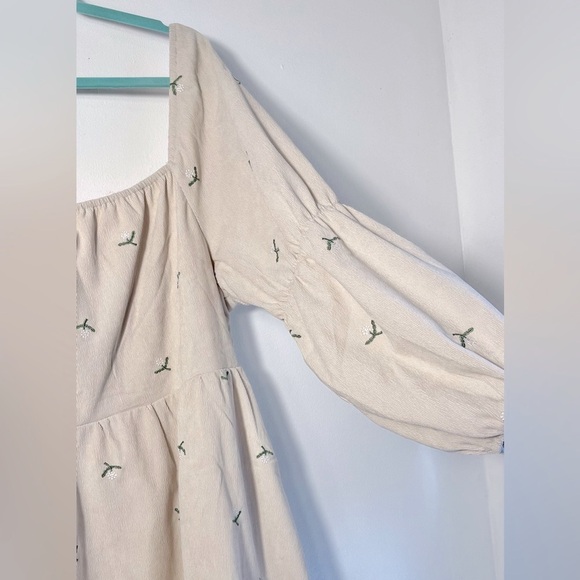 DAVI & DANI Corduroy Fabric embroidered Bib floral print Mini Dress in cream tan - Picture 5 of 11